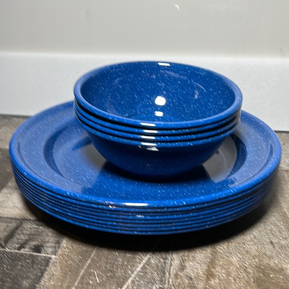 Dining Vintage 8s Blue Speckled Enamel Metal Deep Dish Plates And